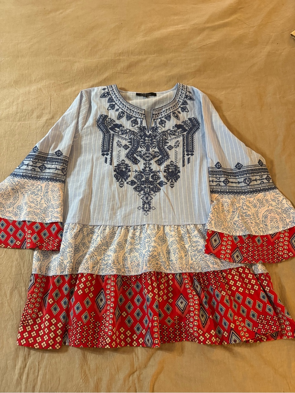 Printed Tiered Tunic Top in Blue, White and Red With Embroidered Details Size XL